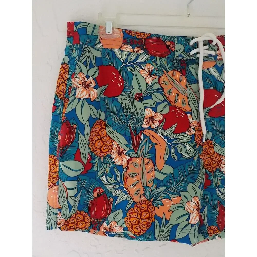 ACA JOE Blue Swim Shorts Trunks Men XL Tropical Floral Birds Print Pockets Lined